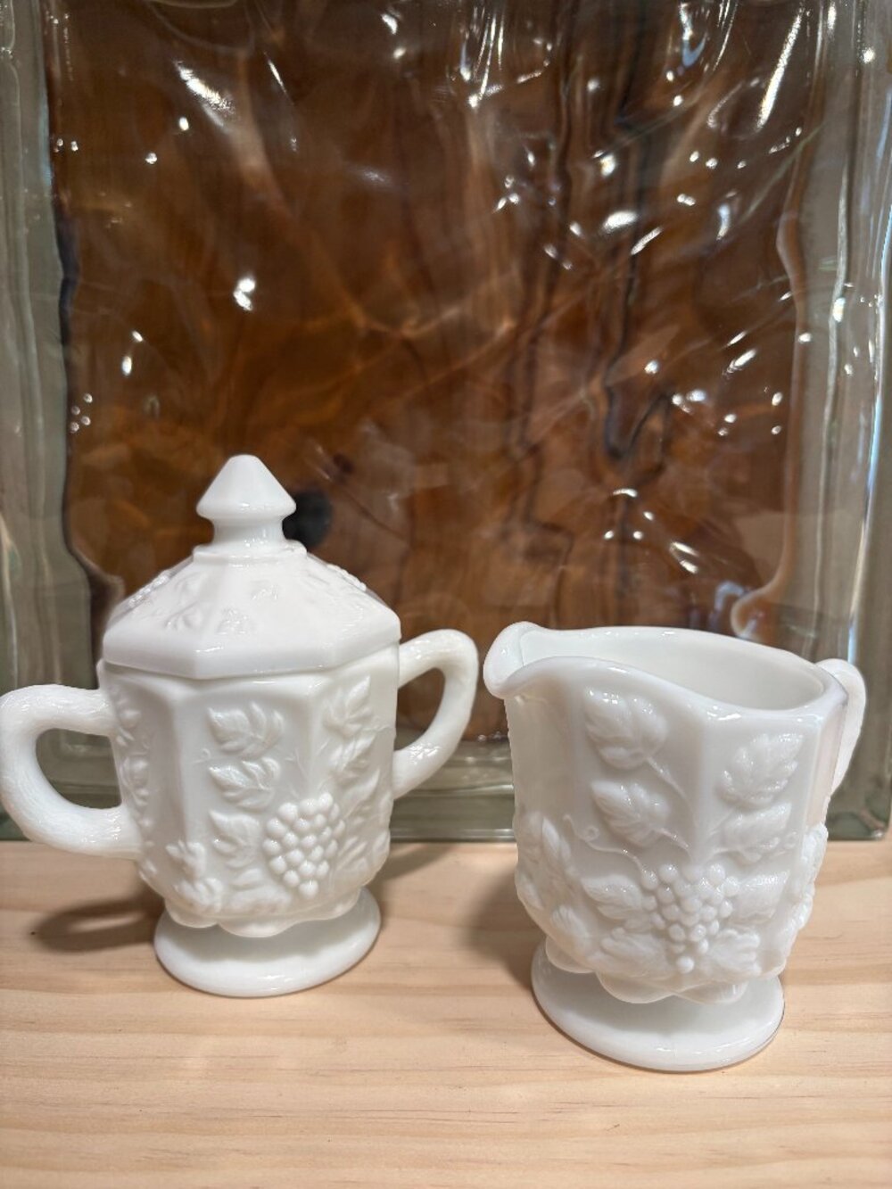 Westmoreland Milk Glass Paneled Grape Creamer & Covered Sugar Bowl Set |